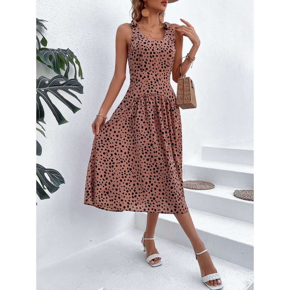 Summer Square Neck Sleeveless Waist Polka Dot Dress Long Summer Square Neck Sleeveless Waist Polka Dot Dress Long