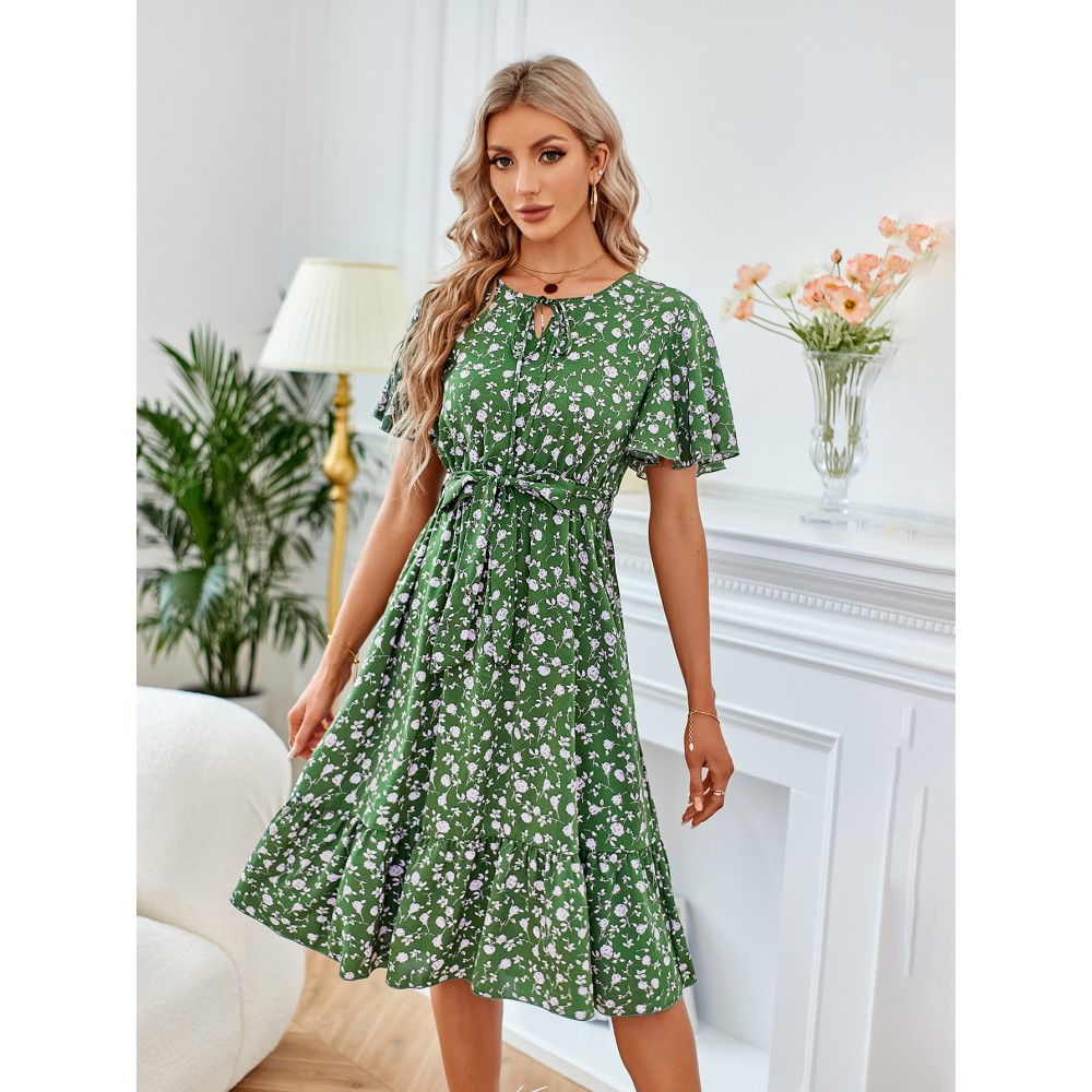 Printed Bow Round Neck Waist Women's Dresses Printed Bow Round Neck Waist Women's Dresses